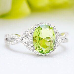 Green Peridot Oval ring, 925 Sterling Silver Charmed Aroma Birthstone Collection